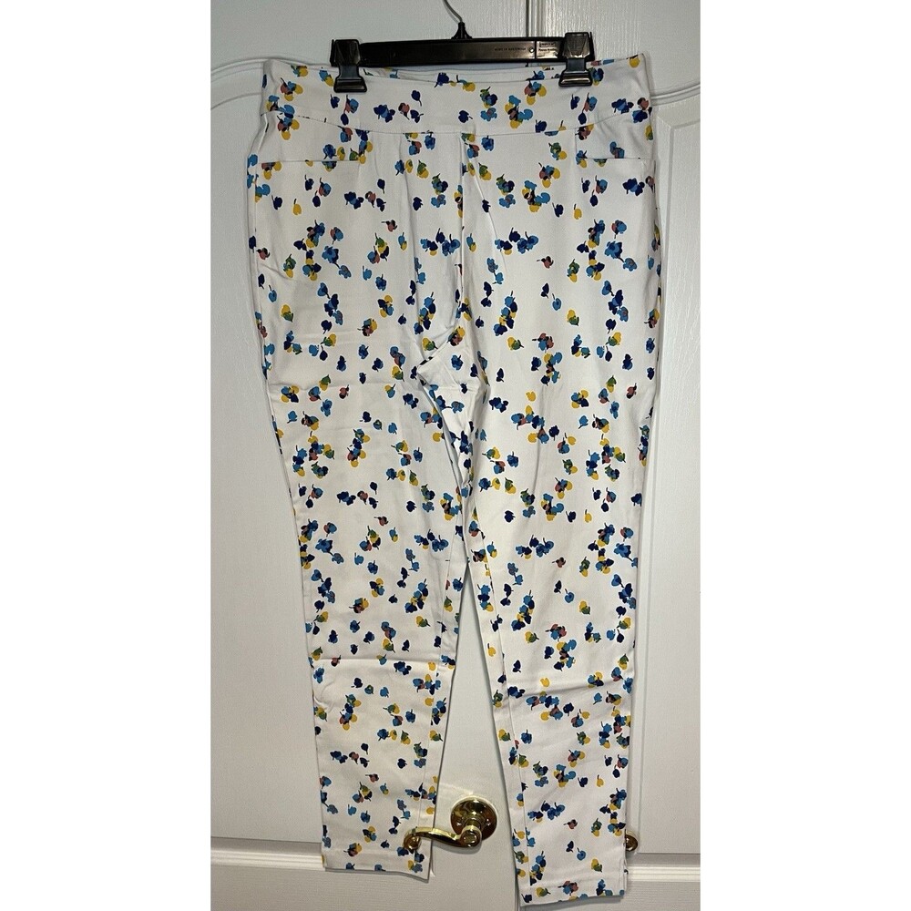 Kate & Mallory Pants White Print Stretch Canvas Pull On Tapered Leg Plus XL New